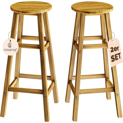 CASARIA® Barhocker 2er Set Holz Akazie Outdoor 75cm Sitzhöhe Fußstütze 150kg Belastbarkeit Massiv Rund Rustikal Garten Küche Bar Stuhl Hocker Braun (1/5)