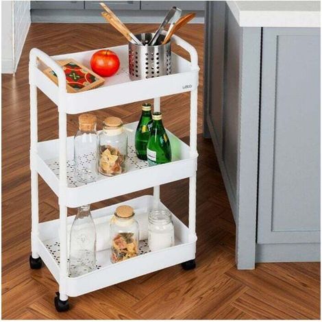 3 Tier Mobile Storage Trolley on Wheels Bathroom Shelf White (1/4)