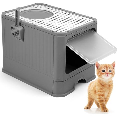 Caisse litiere, Grand bac à litière pour Chat avec Couvercle et Pelle, pour Chats jusqu'à 12 kg, Gris (1/5)