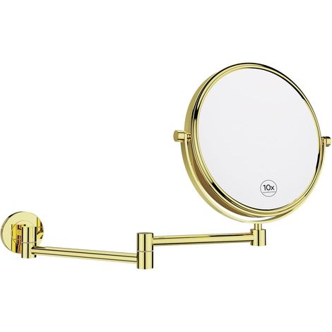 Miroir Maquillage Mural Extensible Miroir Grossissant x10 Doré Brillant - Bras Long - Double Face - pour Rasage Salle de Bain,Diamètre 20