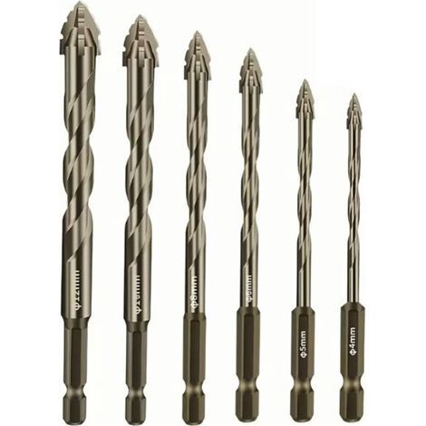 Exzenterbohrer mit vier Schneiden und Sägezähnen, Hartmetall-Bohrer, Mehrgrößen-Bohrerset für Holz und Metall (4/5/6/8/10/12 mm) (1/4)