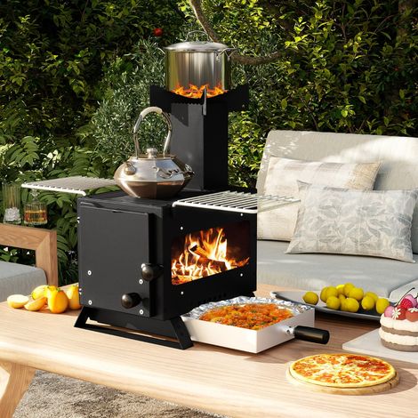 Poêle à Bois Portable Mini-brûleur avec Grille Poêle et 2 Grilles Poêle à Bois D'extérieur avec Vitre pour Camping Pique-nique Pêche Noir (1/2)