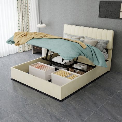 Lit Double Rembourré 140x200 cm avec Coffre de Rangement et Tête de Lit Velours Beige - PANGIVO (1/5)