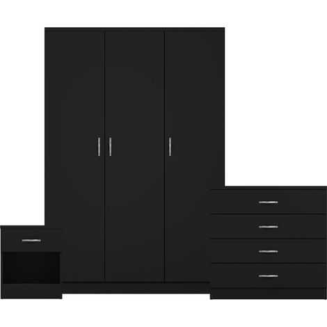 Riano 3 Piece Bedroom Set (1 Drawer Bedside Chest, 4 Drawer Chest, 3 Door Wardrobe), Black (1/3)