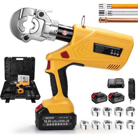 Pince Sertissage Électro-hydraulique 60kN Pistolet Tête Ronde Matrices V et TH 2 accus 4Ah Écran LCD kit 9 Matrices pour Tuyaux Cuivre Inox Multicouche Orange (1/5)