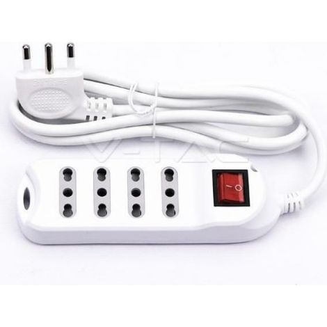 Regleta V-TAC con cable de 1,5 m, 4 tomas de corriente 10/16 A, 2P+T, dos pasos, con interruptor iluminado y enchufe 16 A, 2P+T, color blanco