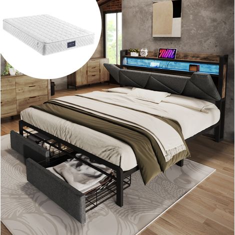 MEUBLIV Cama 140x200 cm gris – cabecero con almacenaje, LED y USB, con colchón (1/5)