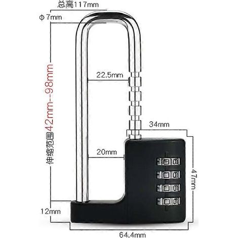 Cadenas noir, cadenas à combinaison, cadenas à combinaison 4 chiffres, corps de 64 mm (2-1/2") de large. Anse longue rétractable en acier inoxydable de 9,5 mm (3/8"). (1/5)