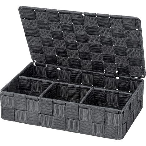 Corbeille De Salle De Bain avec Couvercle Adria, Boîte De Rangement Tendance avec 4 Compartiments, Plastique Tissé, 100% Polypropylène, Dimensions: 26 x 7,5 x 17 cm, Gris Foncé (1/5)