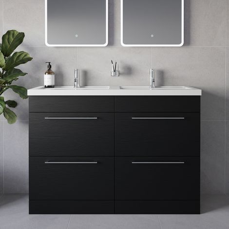 Napoli 390 Nero Oak 1200mm 4 Drawer Vanity Unit with Double Lucia Basins - 1200mm - Chrome 320mm Handle