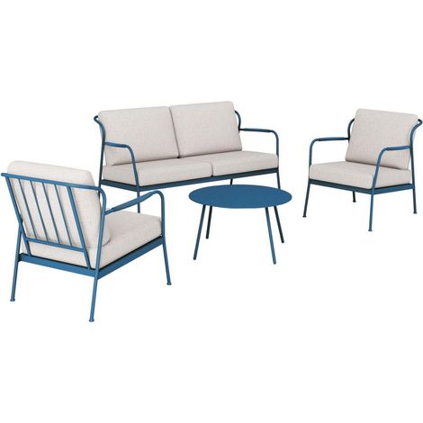 PROLOISIRS Ensembe salon de jardin 4 places Noa II en acier - coussins polyeste - bleu/beige clair