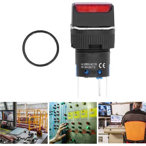 Bouton-poussoir miniature BERM/BEM-LA16-11DS-F, instantané, autobloquant, carré avec témoin lumineux, 16 mm, 24 V, lot de 25, rouge (1/5)