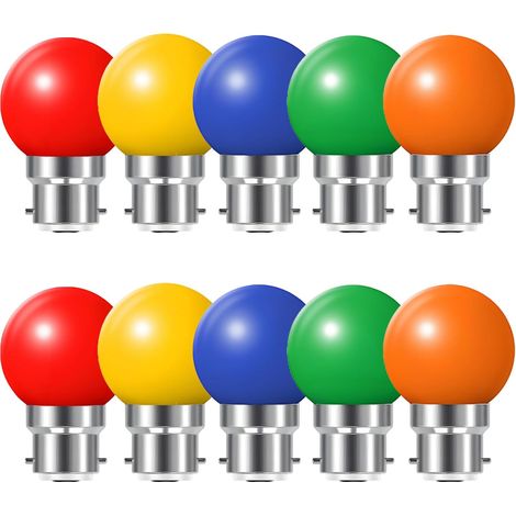Ampoules LED Couleur B22 Baïonnette 2W, Équivalent 20W, G45 Ampoule Guirlande Extérieure, Multi Colore, Rouge Jaune Bleu Vert Orange, pour Chaîne, Noël, Veilleuses de Fête, Lot de 10 (1/5)