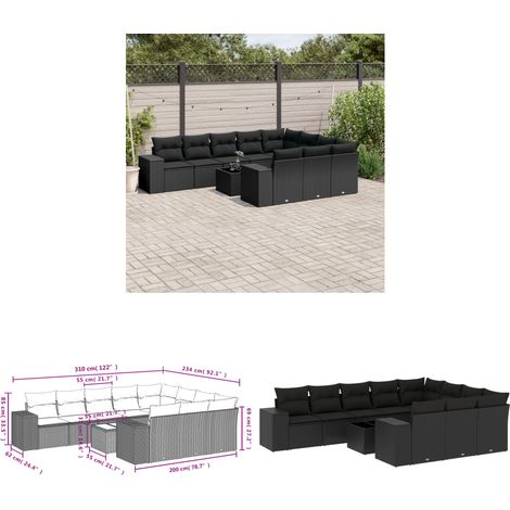 11-tlg. Garten-Sofagarnitur mit Kissen Schwarz Poly Rattan - Gartenmöbel - Esstischgarnituren - Outdoor Möbel - Lounge Set - Rattan Gartenmöbel - Home & Living