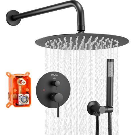 VEVOR Ensemble de Robinetterie de Douche Encastrable, Systeme de Douche de Pluie avec Pommeau de Tete Rond de 20,3 cm, Douchette a Main et Kit de Garniture, Fixation Murale, Salle de Bain, Noir Mat (1/5)