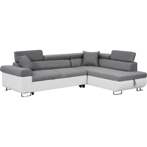 Canapé d'angle convertible Antoni avec têtières relevables angle à droite simili Blanc et tissus Gris clair (1/5)