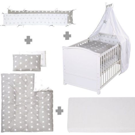 Lit bébé évolutif - 70 x 140 cm - ROBA - LITTLE STARS - Avec accessoires - Blanc
