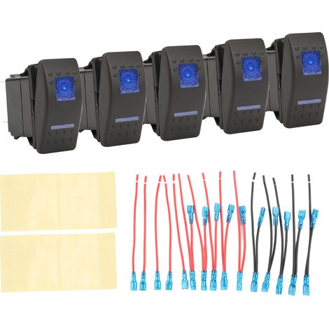 Interrupteur à bascule à 5 broches LED 12V/24V pour automobile, panneau d'interrupteurs à bascule avec rétroéclairage bleu et fil de connexion, durable et facile à utiliser dans les voitures et les ca (1/5)