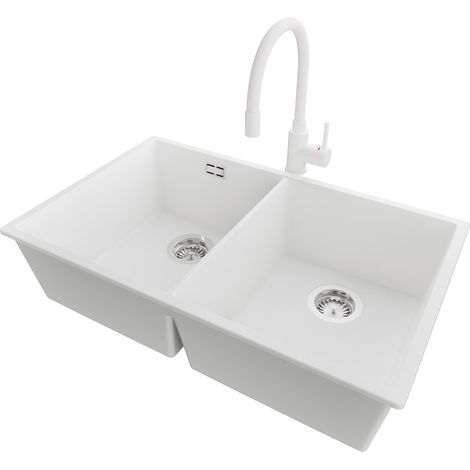 PRIMAGRAN Evier Cuisine en Granit 76x47cm,Lavabo 2 bacs + Robinet 38x14cm + Kit de Vidage, Évier à Encastrer au meuble 80cm - London Slim Twin, Blanc (1/5)
