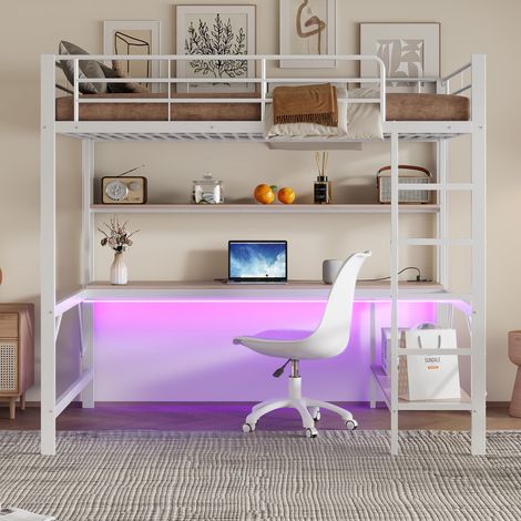 Lit superposé 140x200 cm avec barrière de sécurité, échelle, prises USB et électrique, lumières LED intégrées, bureau, étagères multiples, sans matelas, métal blanc