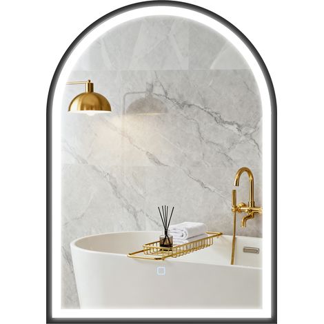 Miroir salle de bain avec éclairage 50 x 70 cm. miroir LED arqué. anti-buée. 3 couleurs lumière. dimmable. mémoire. noir