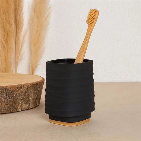 Exagonshop Portaspazzolino in plastica ABS e bamboo nero Alabama
