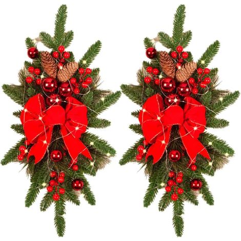 Lot de 2 guirlandes de Noël artificielles en forme de goutte d'eau de 61 cm - Sans fil - Décoration d'escalier - Guirlande de Noël pour extérieur, maison, jardin (rouge, 30 x 60 cm)