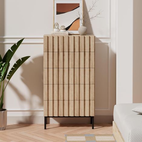 UEV Cassettiera Naturale con 5 Cassetti, Settimino Salvaspazio con Motivo a Doghe di Legno, Cassettiere Camera da Letto Solida e Stabile con Design Antiribaltamento, 60 x 34 x 110 cm, Naturale