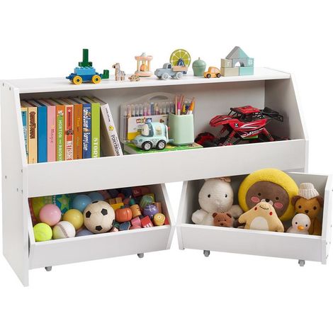 Meuble Rangement Jouets Enfant VEVOR Bibliothèque Bois 3 Compartiments 2 Tiroirs Mobiles à Roulettes Blanc (1/5)