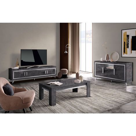 GUEDA - Ensemble Salon Effet Marbre Anthracite Meuble TV + Buffet avec Leds + Table Basse (1/5)