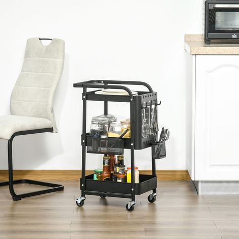 Chariot de cuisine avec panneau perforé, porte-serviettes, paniers de rangement, noir (1/5)