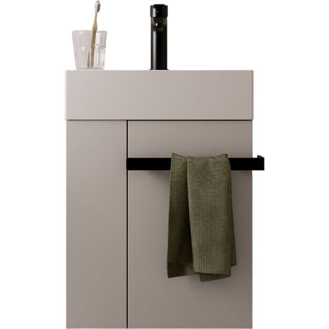 Waschtischunterschrank Gäste-WC Bernstein COMPACT 450 mit Waschbecken 45 cm Regal links Badmöbel: Weiß matt, Metallgriff: Schwarz matt (1/5)