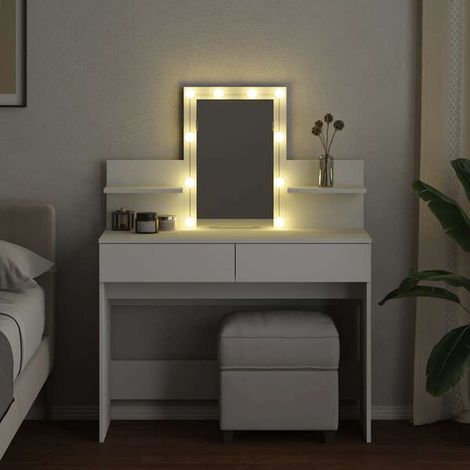 Coiffeuse avec Miroir LED, Table de Maquillage Blanche 100x40x130 cm, Meuble de Toilette avec Rangement pour Chambre (1/5)
