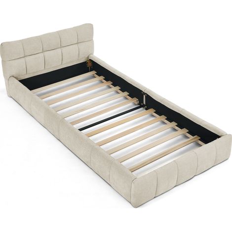 Letto singolo 90 x 200 cm in ciniglia beige, struttura in eucalipto e ferro, senza materasso (1/5)