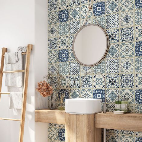 Crédence adhésive salle de bain - Motif carreaux de ciment - 70x70 cm - Adhésif + Protection BRILLANTE (1/4)