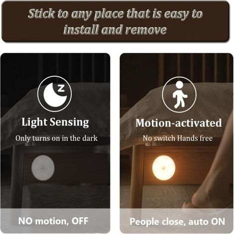 Luce notturna a LED, lampada magnetica per interni con sensore di movimento e cuscinetti adesivi inclusi, si attacca ovunque, sensore wireless ricaricabile tramite USB, luce bianca calda, confezione d (1/4)