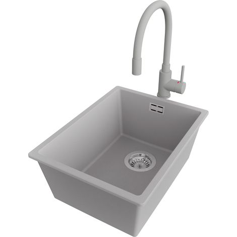 PRIMAGRAN Evier Sous Plan 36x47cm,Evier en Granit 1 bac + Robinet 38x14cm + Kit de Vidage, Évier au meuble 40cm - London, Gris (1/5)
