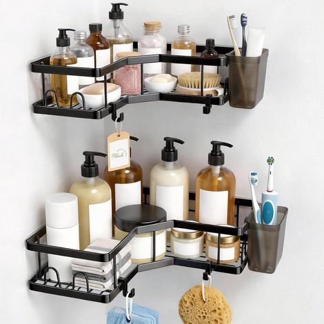 2 Étagère De Douche, Acier Inoxydable, Forme Angle 90 Degrés, Crochet, Support Dentifrice, Salle De Bain (1/5)