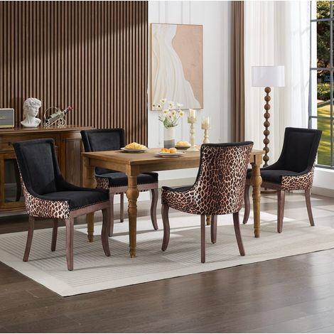 Sedia da pranzo in ciniglia leopardata con schienale alto e gambe in legno massello,61×55×92.5cm (1/5)