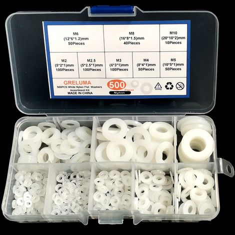 500 Pièces M2 M2.5 M3 M4 M5 M6 M8 M10 Rondelle En Plastique Nylon Rondelle Plate Vis Boulon Assortiment Kit, Blanc (1/4)