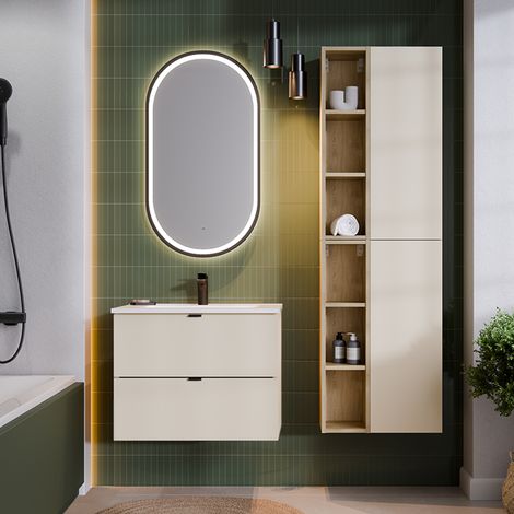 Conjunto mueble lavabo individual encastrado 60cm y columna Azel Cachemira y Madera