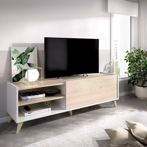 Meuble TV, Buffet Bas de Salon, Buffet de Salon pour télévision, 155x43h47 cm, Chêne et Blanc (1/5)