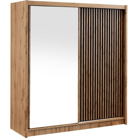 Vente-Unique – Armoire 2 portes coulissantes avec miroir L203 cm – Éco-responsable – 10 lingères et 2 penderies – Design moderne naturel et noir