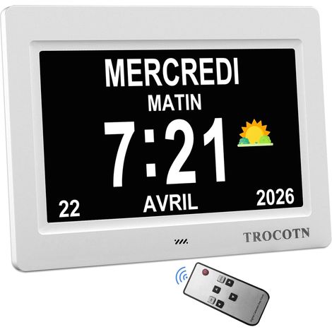 Horloge numérique Grand écran avec Calendrier pour Seniors, icônes Soleil et Lune, Heure d'été Automatique, Mode Nuit avec Gradation, Affichage Multicolore, Facile à Lire (7 Pouces, Blanc, 1) (1/5)