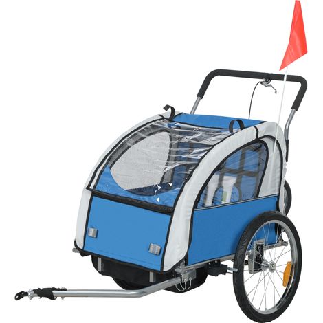 2 Seat Bike Trailer with 5 Point Harness, Baby Bike Stroller with Safety Flag, Reflectors, for 18+ Months, Blue
