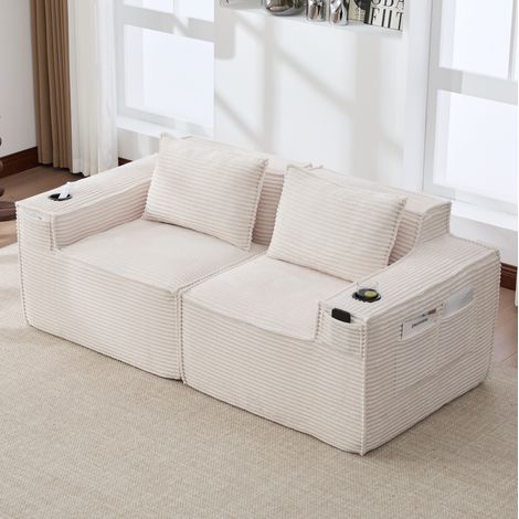 Canapé modulaire 188/90/75 cm en tissu côtelé beige avec porte-gobelets et poches latérales (1/5)