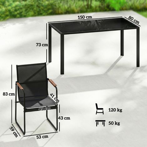 Ensemble de mobilier de jardin, salon de jardin 150 x 80 cm, table en verre avec 6 chaises respirantes, accoudoirs décoratifs, noir (1/5)