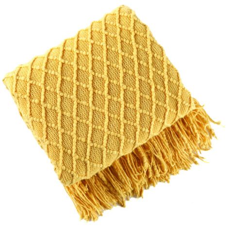 Couverture décorative tricotée pour canapé, chaise, lit, douce, chaude, confortable, légère pour le printemps et l'été (127X172 cm  jaune moutarde)