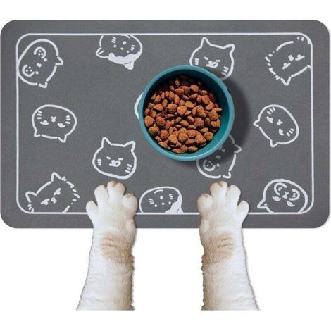 Confezione da 2 tappetini per ciotole per animali domestici, antiscivolo e super assorbenti, con loghi multipli a forma di testa di gatto, 45 x 30 cm, grigio scuro