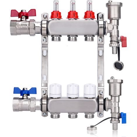Kit Collecteur Radiateur, 3 Circuits Distributeur Chauffage, avec Vannes à Boisseau Sphérique 1", avec Purgeur Manuel et Débitmètre, Raccords pour Eurocône 3/4, Distributeur HKV